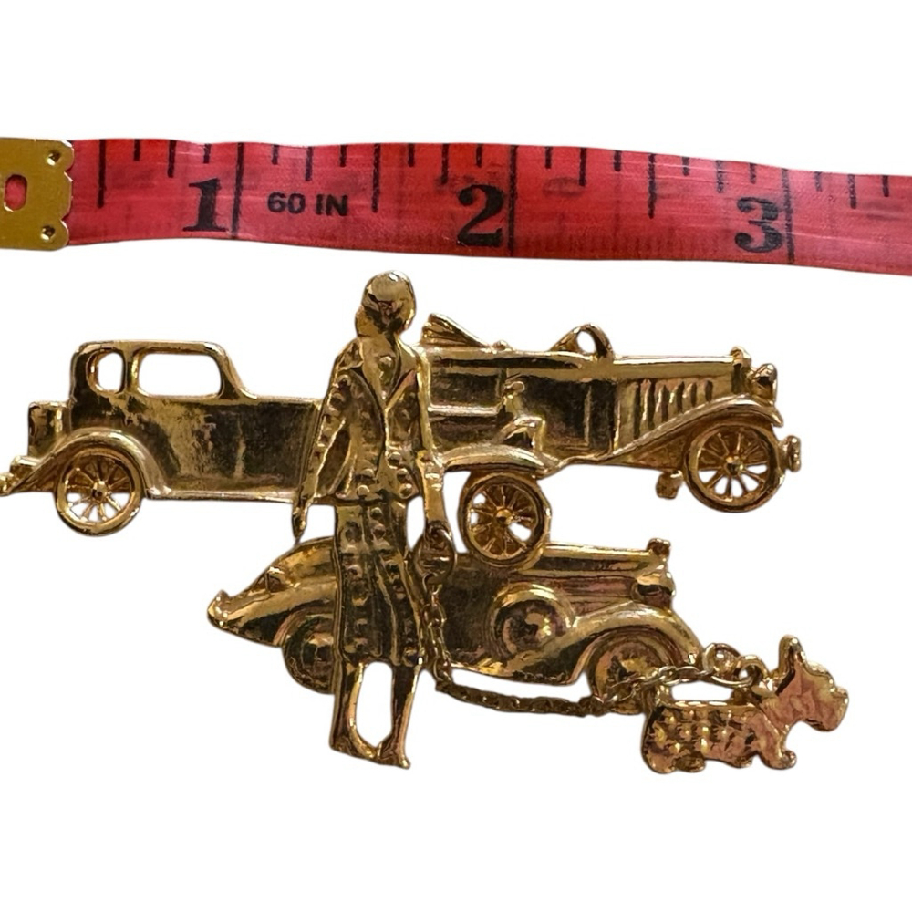 Vintage 80’s Woman Walking Scottie Dog with 40’s Car Art Deco Style Large Brooch